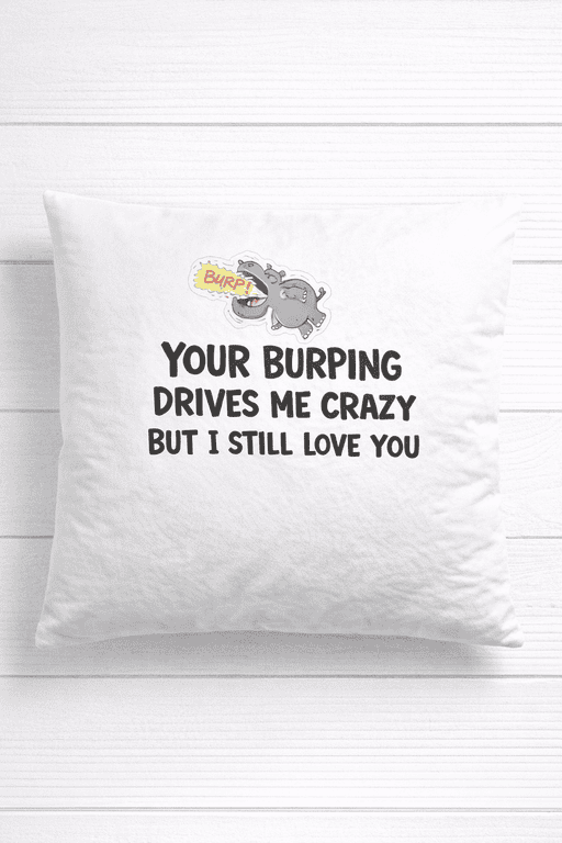 Burping mouse illustration humorous pillow with funny love message for kids or adults.