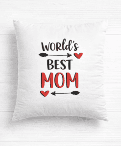 Cute Mother's Day pillow with "World's Best Mom" slogan in red and black text.