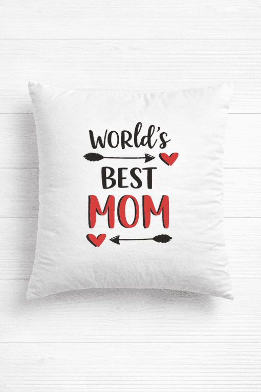 Cute Mother's Day pillow with "World's Best Mom" slogan in red and black text.