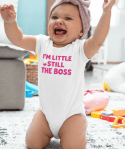 1. Baby onesie with "I'm little, still the boss" text, newborn clothing, cute toddler apparel.