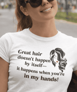 Silhouette of a woman with styled hair and humorous text on a white T-shirt, perfect for casual fashion.