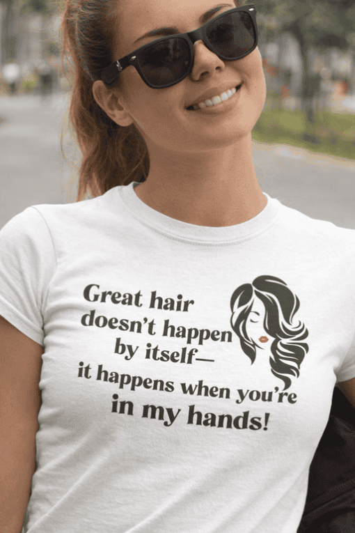 Silhouette of a woman with styled hair and humorous text on a white T-shirt, perfect for casual fashion.