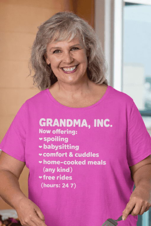 Comfortable grandma T-shirt with humorous text about caregiving services - perfect for family occasions.
