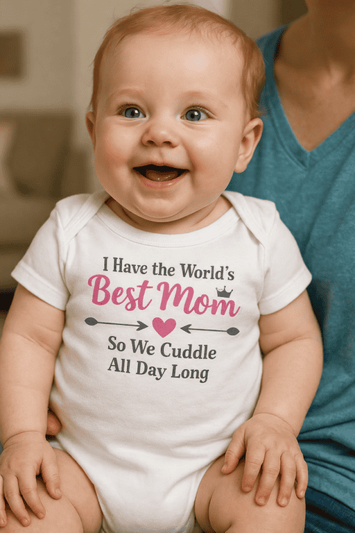 Happy baby in a personalized "Best Mom" T-shirt, perfect for family photos and Mother's Day gifts.