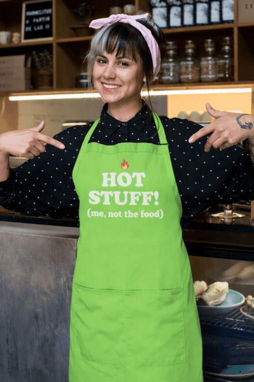 Hot stuff funny apron, unique graphic T-shirt, humorous kitchen apparel, T-shirtplease.com.