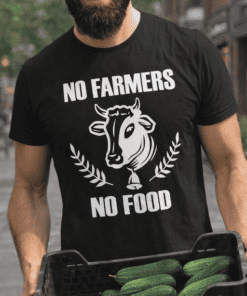 No farmers no food funny cow graphic t-shirt for animal lovers and agriculture enthusiasts.