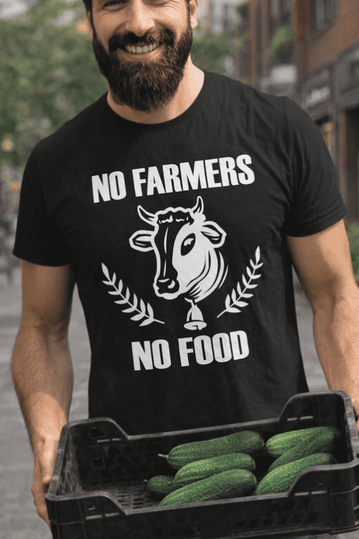 No farmers no food funny cow graphic t-shirt for animal lovers and agriculture enthusiasts.