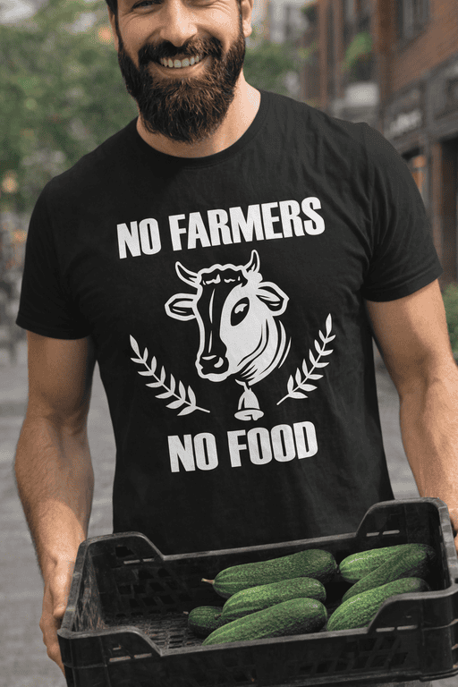 No farmers no food funny cow graphic t-shirt for animal lovers and agriculture enthusiasts.