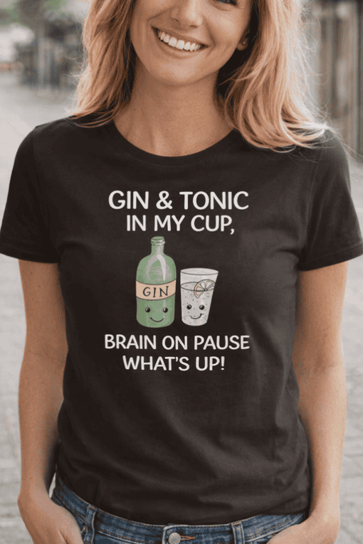 Warm women's T-shirt with fun gin and tonic graphic, perfect for casual and humorous style.