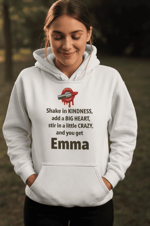 Smile wearing white hoodie with personalized quote Emma outdoor park casual style.