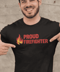 Firefighter pride t-shirt with flame graphic, unisex fire department apparel, proud firefighter gift idea.