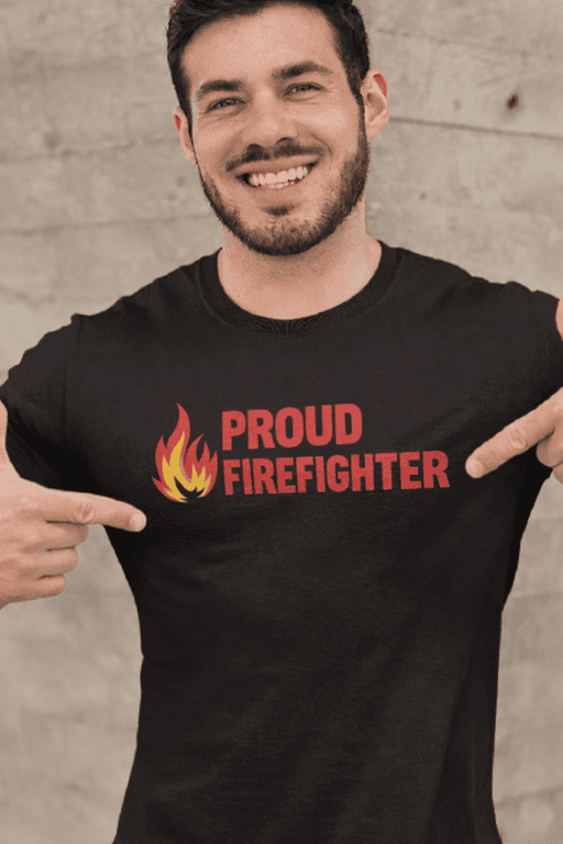 Firefighter pride t-shirt with flame graphic, unisex fire department apparel, proud firefighter gift idea.