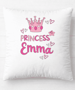 Pink princess crown pillow with "Princess Emma" text, hearts, and cute star design.