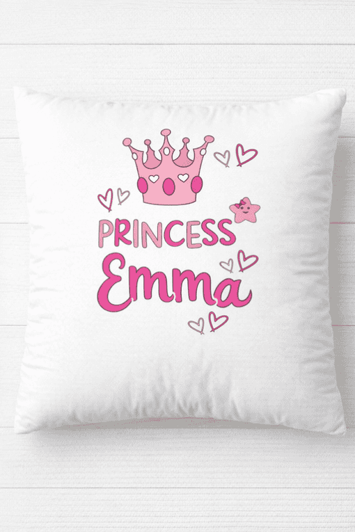 Pink princess crown pillow with "Princess Emma" text, hearts, and cute star design.