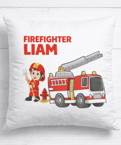 Firefighter Liam personalized kids pillow with fire truck and cartoon firefighter design.