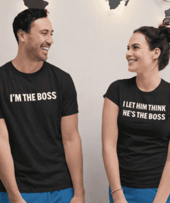 Playful couple matching T-shirts with humorous boss quotes for friends and couples.