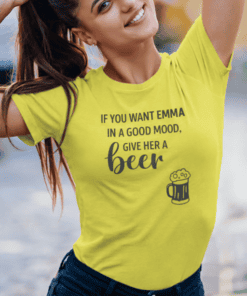 Cute woman in lime green t-shirt with humorous beer quote, perfect casual drinker apparel, T-shirtplease.com.