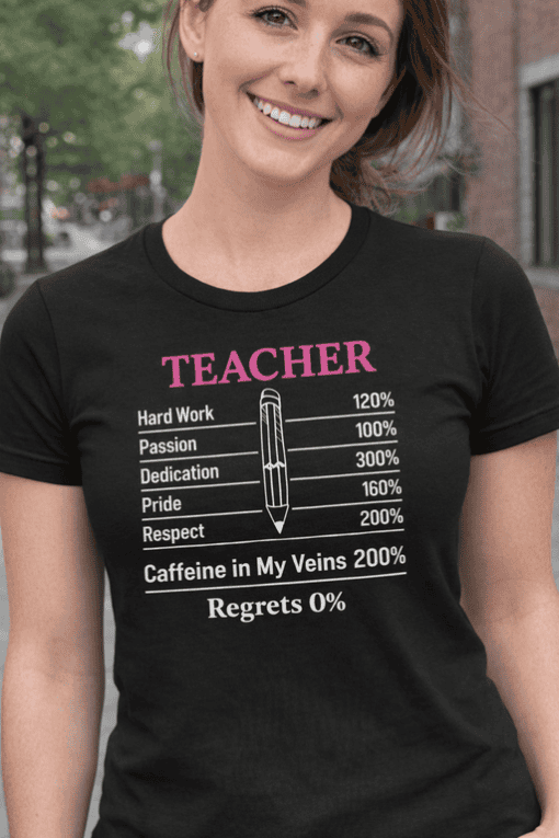 Teacher motivational t-shirt with humorous design about dedication and caffeine, perfect for educators, teachers, and education lovers.
