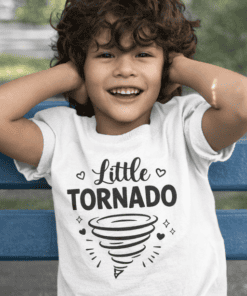 1. Kids tornado graphic T-shirt, fun children's storm shirt, playful tornado design for kids.