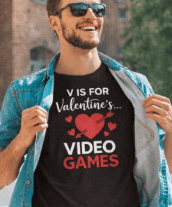 Bold men's T-shirt with Valentine's Day and video game theme, perfect for gaming enthusiasts.
