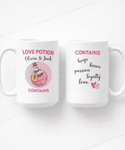 Love Potion Mug with Personalized Names and Romantic Quotes, Perfect for Couples.