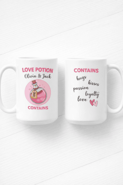 Love Potion Mug with Personalized Names and Romantic Quotes, Perfect for Couples.