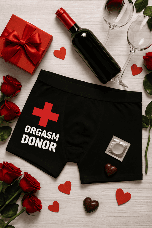 Bottle of red wine, roses, gift box, and humorous "Orgasm Donor" boxer shorts for romantic gift ideas.