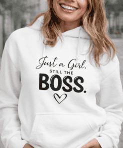 Boss girl sweatshirt, empowering women motivational hoodie, casual fem empowerment attire, trendy girl boss clothing.