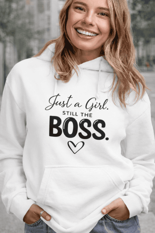 Boss girl sweatshirt, empowering women motivational hoodie, casual fem empowerment attire, trendy girl boss clothing.