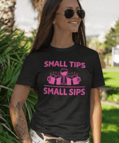 Pink text small tips small sips T-shirt with martini icons perfect for casualwear and drinking friends.