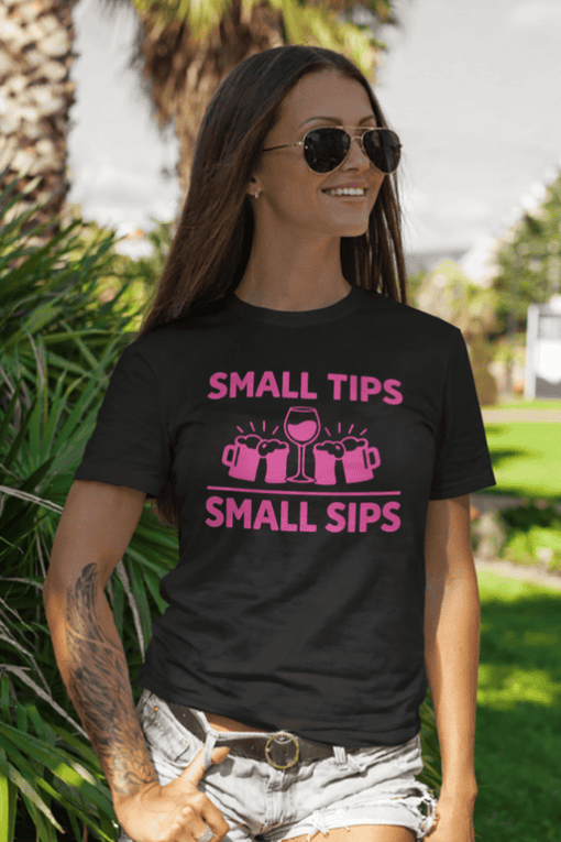Pink text small tips small sips T-shirt with martini icons perfect for casualwear and drinking friends.