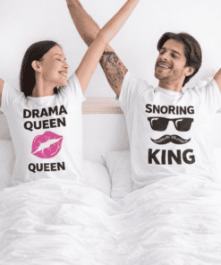 Cute couple wearing fun matching graphic t-shirts, perfect for couples' fashion and gift ideas.