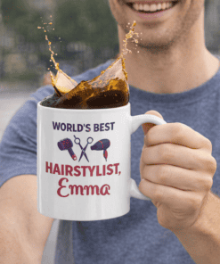 1. Custom personalized coffee mug with hairstylist's name and tools.