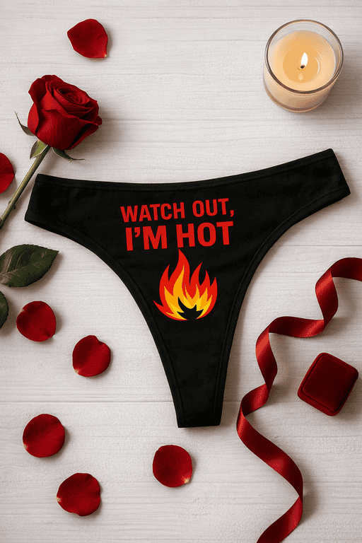Hot women's underwear with flame graphic and playful text, perfect for Valentine's Day or special occasions.