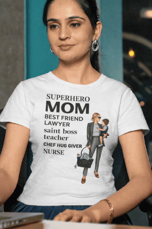 Superhero mom shirt with motherhood and family-related keywords for women.
