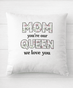 Mom gift pillow with floral "Mom Queen" text, perfect for Mother's Day, gift for mom, or decorative home accessory.