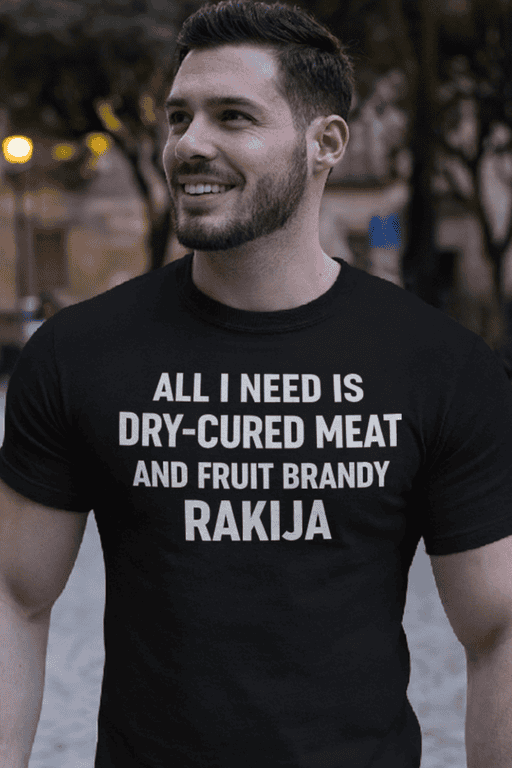 Dry-cured meat and fruit Brandy Rakija T-shirt, humorous men's graphic tee, funny food lover gift, casual streetwear.