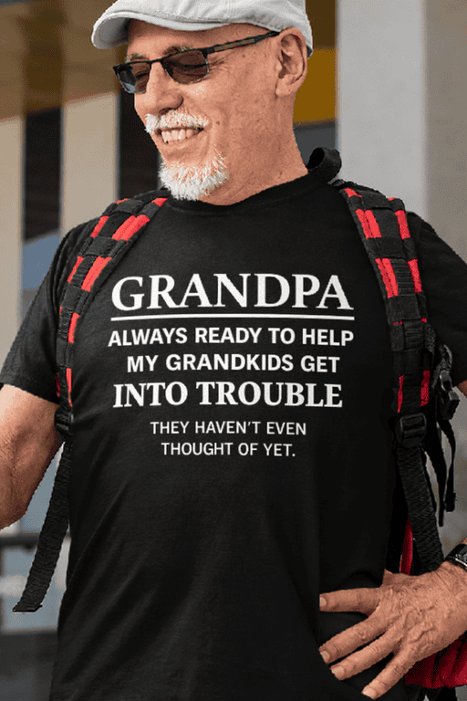 Grandpa T-shirt with humorous quote about helping grandkids, perfect for family gift ideas.