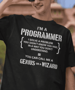 1. Programmer T-shirt with funny coding quote, ideal for tech enthusiasts and developers.