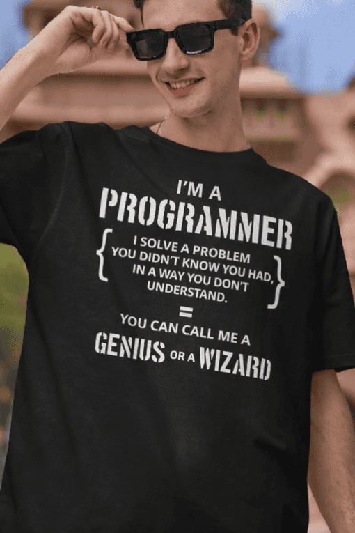 1. Programmer T-shirt with funny coding quote, ideal for tech enthusiasts and developers.