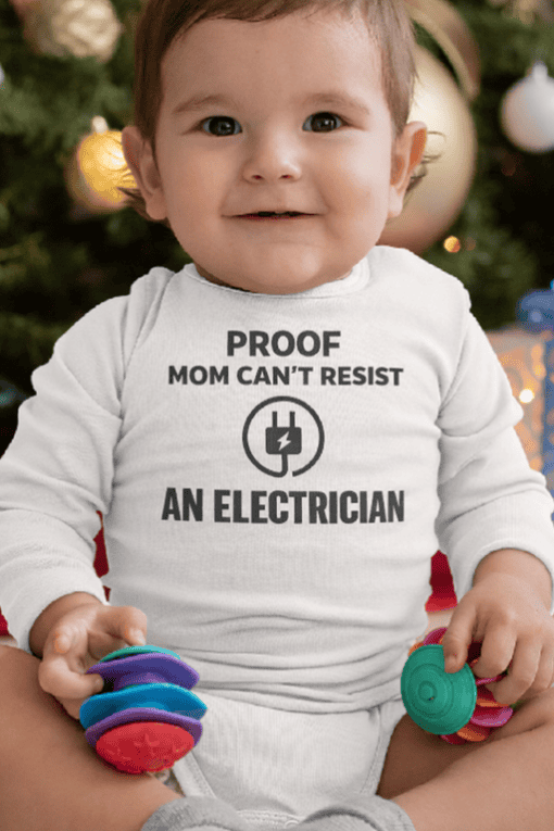 Cute baby wearing T-shirt with funny electrician quote, perfect for kids' humor t-shirts.