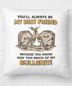 Cheeky humorous pillow with bones and tombstones design, funny sentiment about friendship and betrayal.