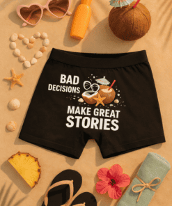 1. Cozy summer scene with beach accessories and trendy black shorts with fun print.