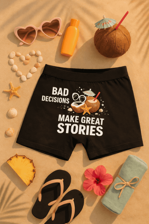 1. Cozy summer scene with beach accessories and trendy black shorts with fun print.