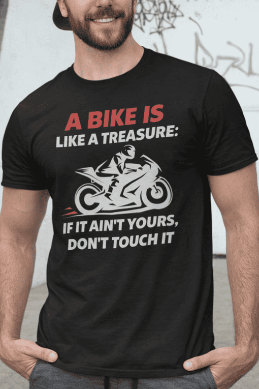 A bike is like a treasure quote on black graphic T-shirt for men and women.