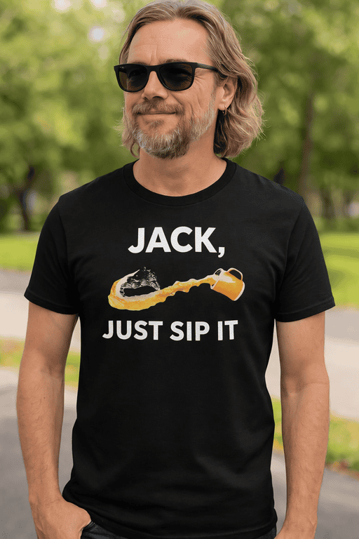 1. Men’s black T-shirt with Jack Daniel’s whiskey glass and humorous slogan.