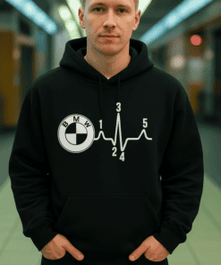 BMW heartbeat design hoodie, stylish streetwear with automotive-inspired graphic, perfect for car enthusiasts.