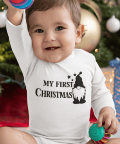 Cute baby celebrating first Christmas in festive onesie, perfect holiday gift idea from T-shirtplease.com.