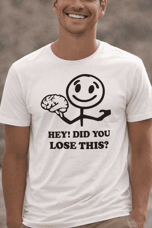 Brain emoji T-shirt with funny message, casual men’s graphic tee, humorous geek slogan tee for fans.