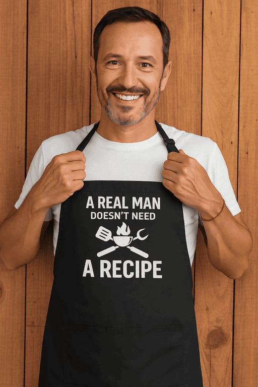 A man wearing a humorous apron with cooking quote - perfect for kitchen or BBQ fun.
